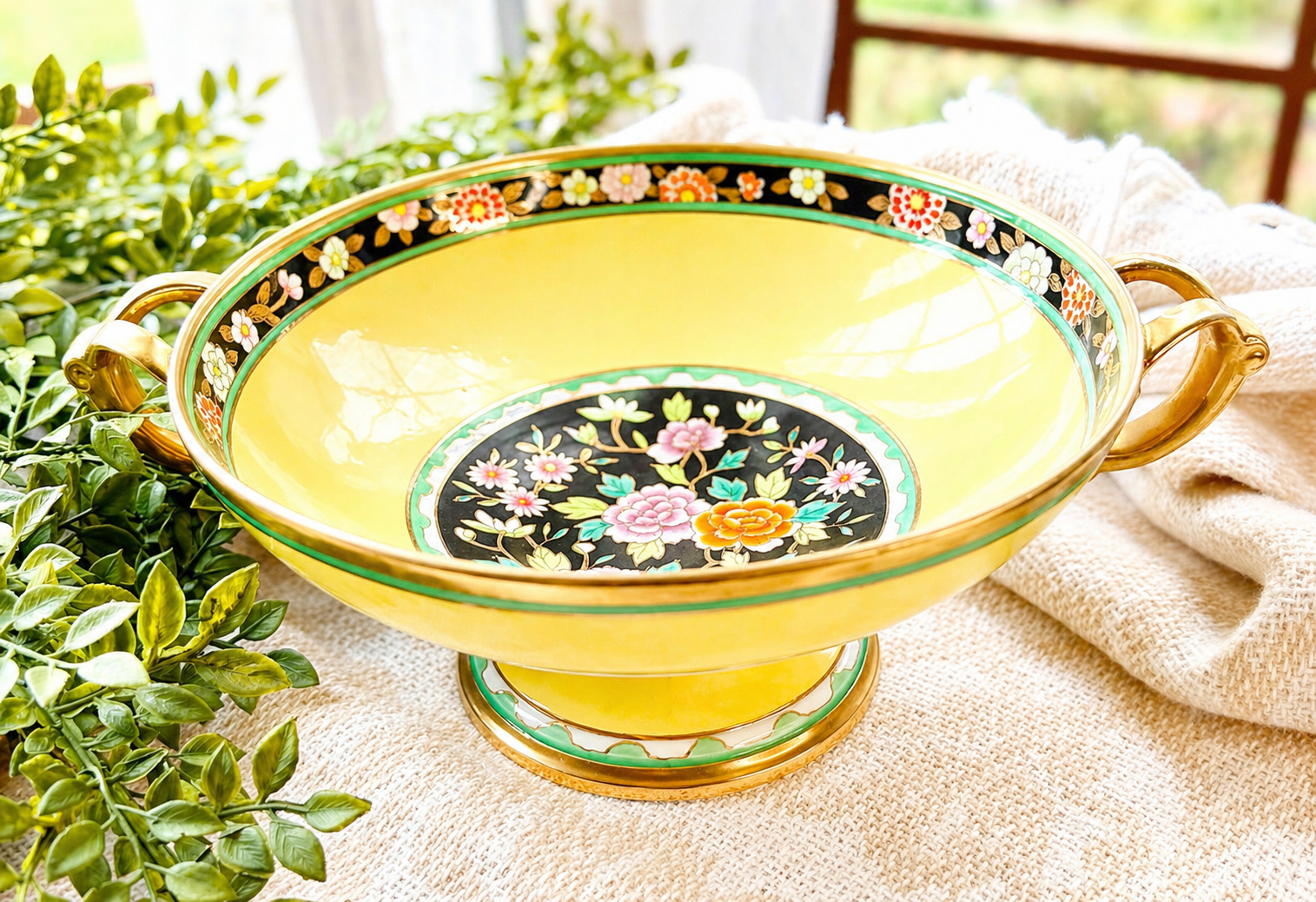 Hand-Decorated Japanese Pedestal Bowl / Handled Compote