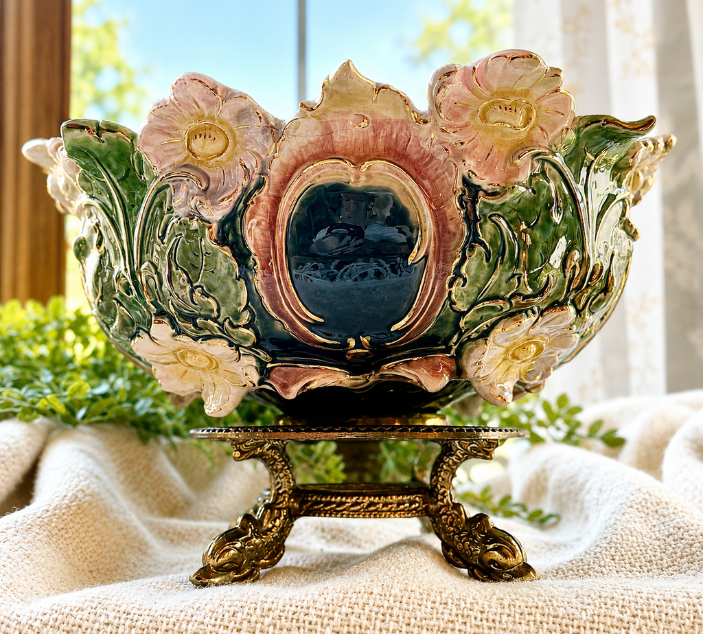 Antique Majolica Style Centerpiece Bowl on Ornate Stand