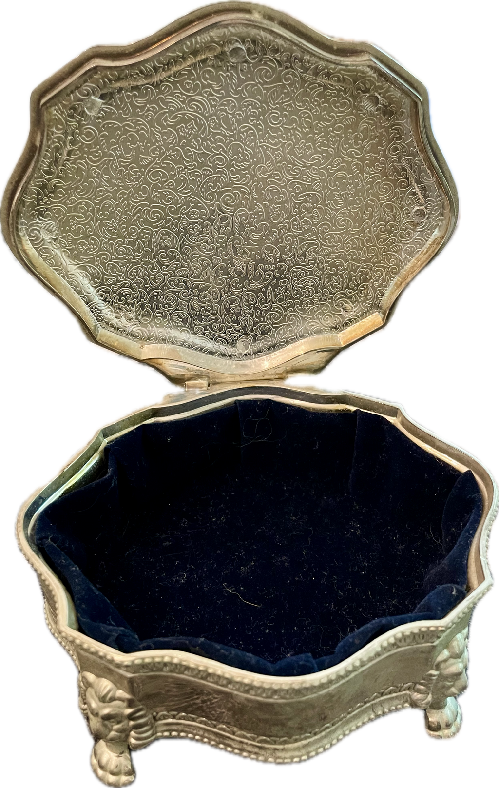 Vintage Silverplate Jewelry Casket with Lion Feet & Crest Engraving