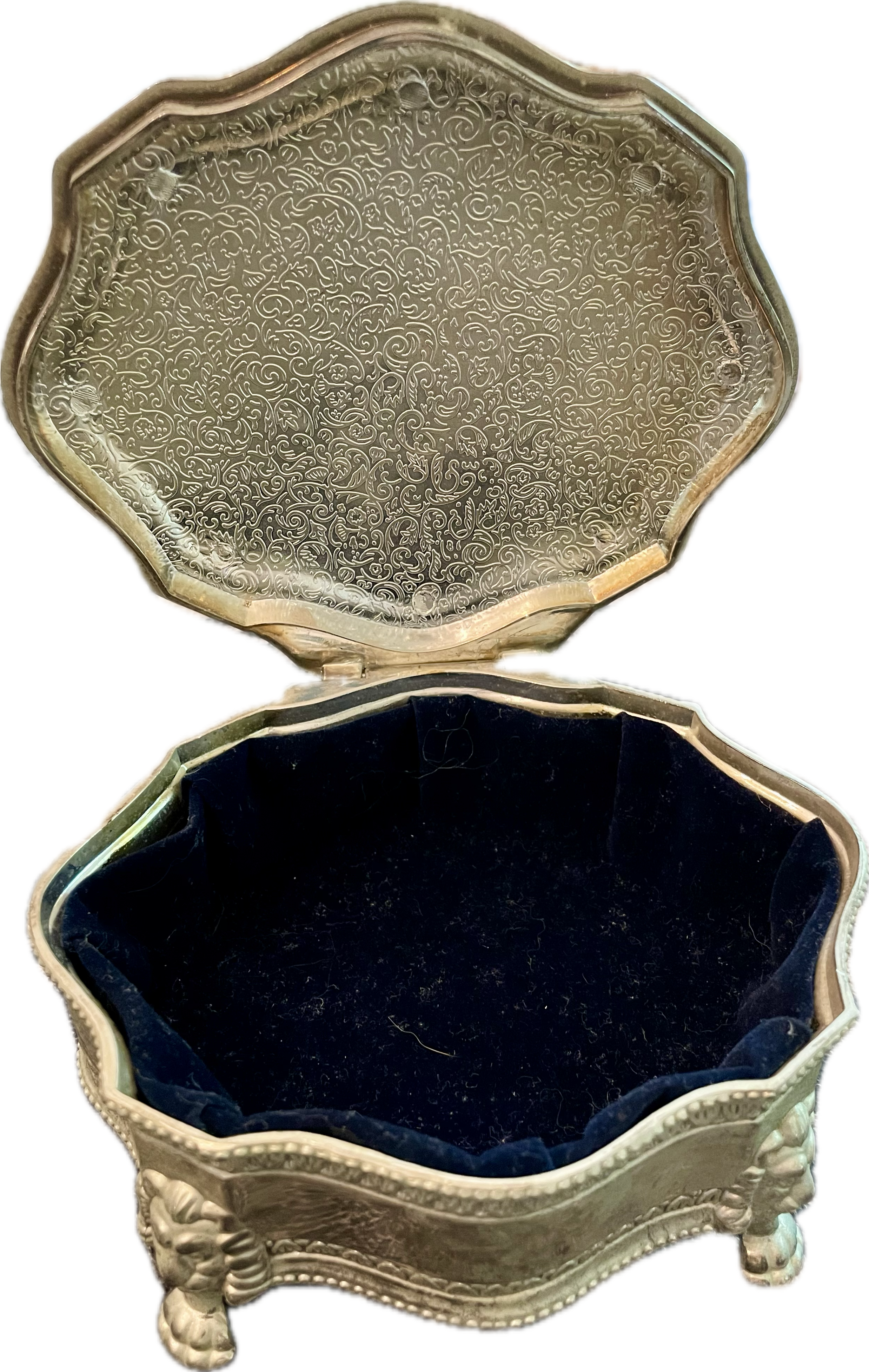 Vintage Silverplate Jewelry Casket with Lion Feet & Crest Engraving