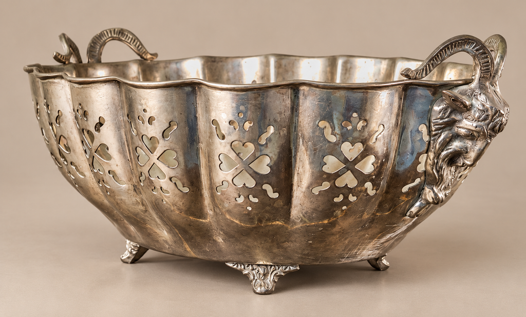 Vintage Silverplate Footed Centerpiece Bowl with Ram Head Handles