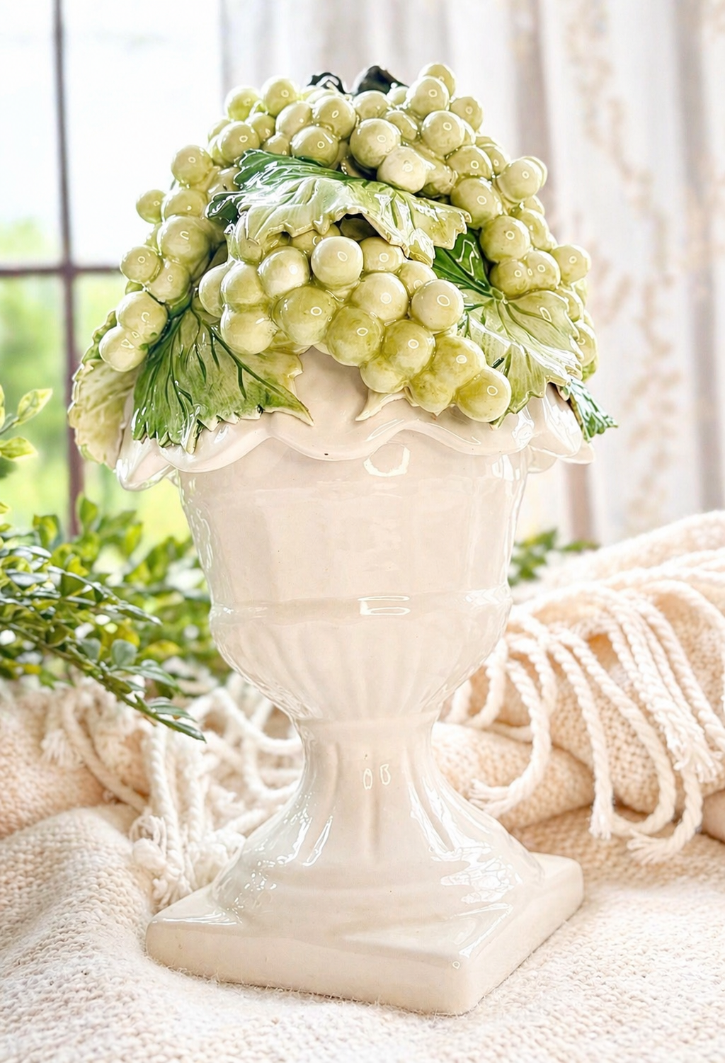 Vintage Italian Majolica White Grape Topiary Urn – Handcrafted Ceramic Centerpiece