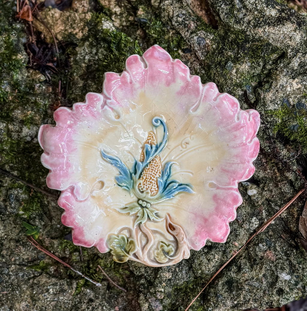 Antique Majolica Pink Floral Leaf Dish