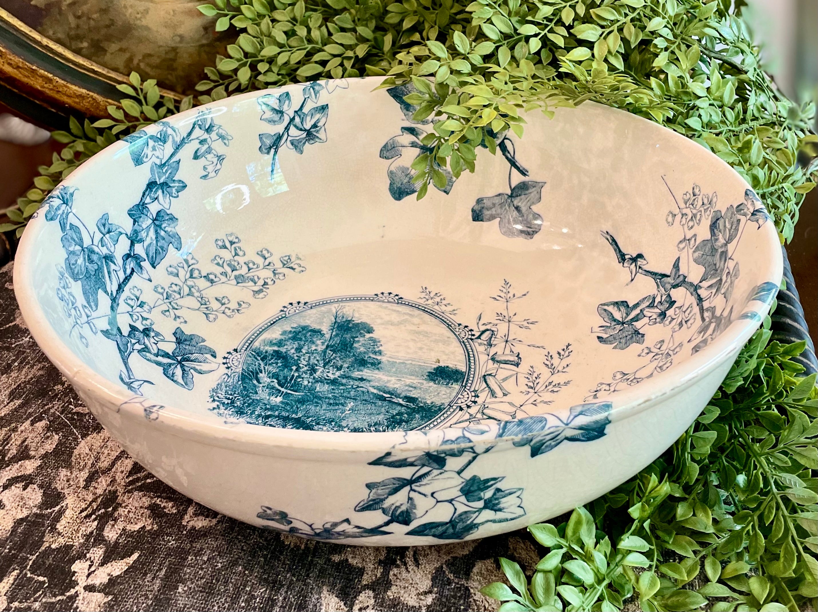 Antique Blue Transferware Wash Bowl with Ivy and Landscape Scene