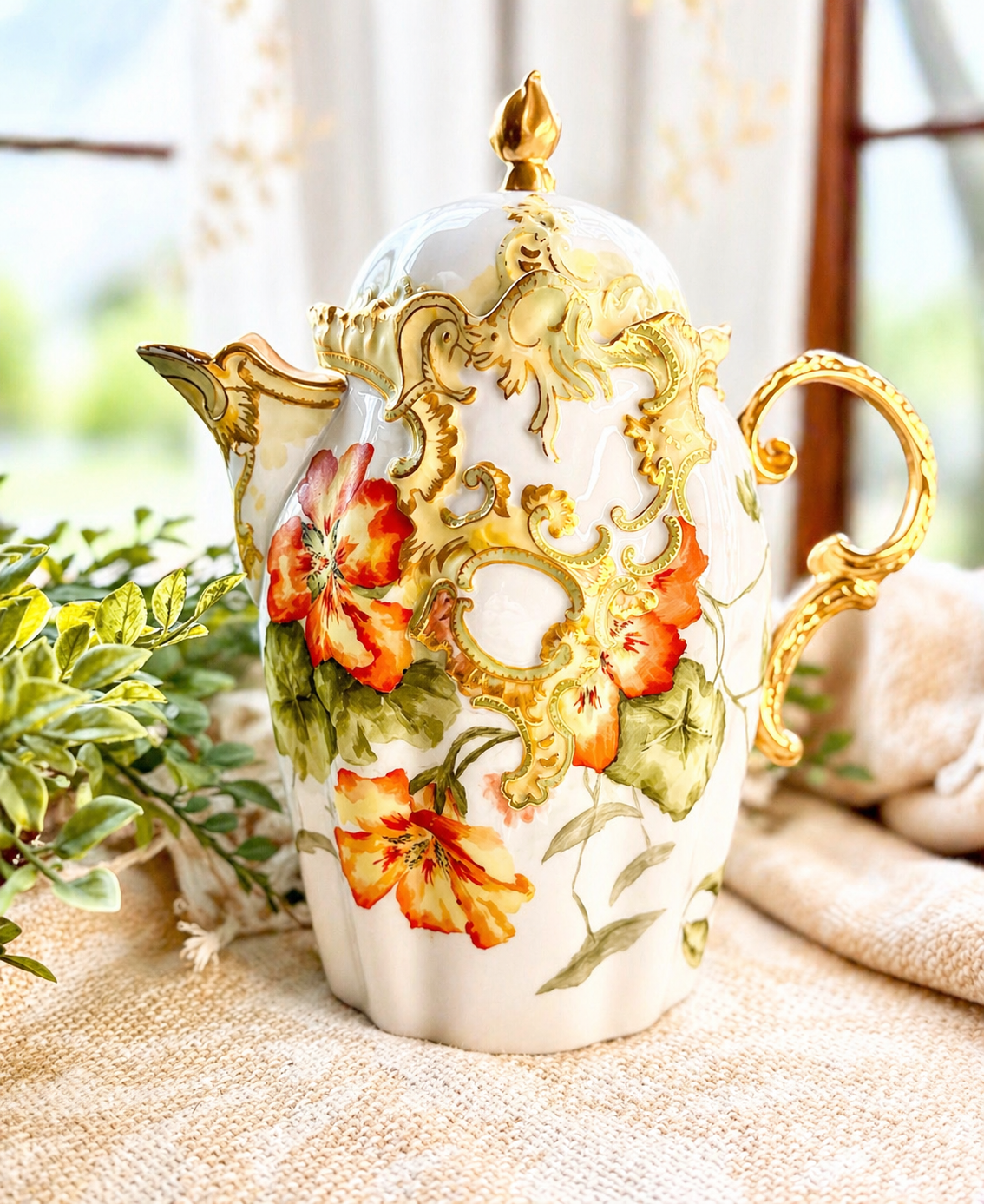 Vintage Leonard Vienna Austria Porcelain Chocolate Pot with Hand-Painted Florals