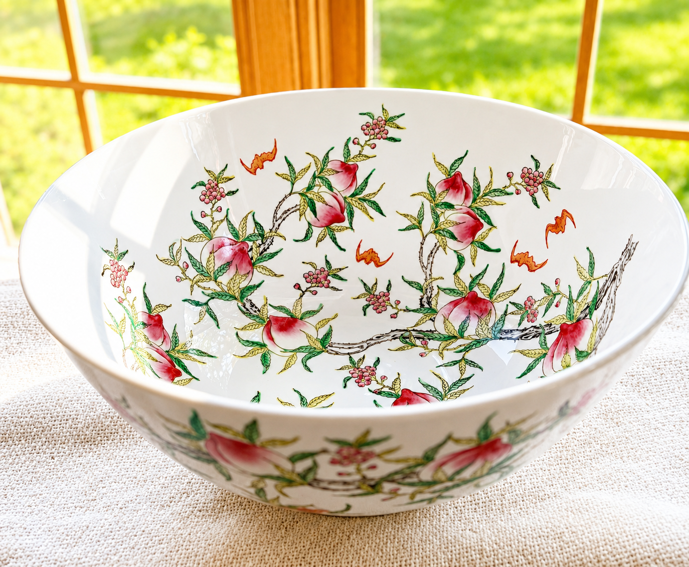 Vintage Chinoiserie Peach Porcelain Serving Bowl | Hong Kong Decorative Fruit Bowl
