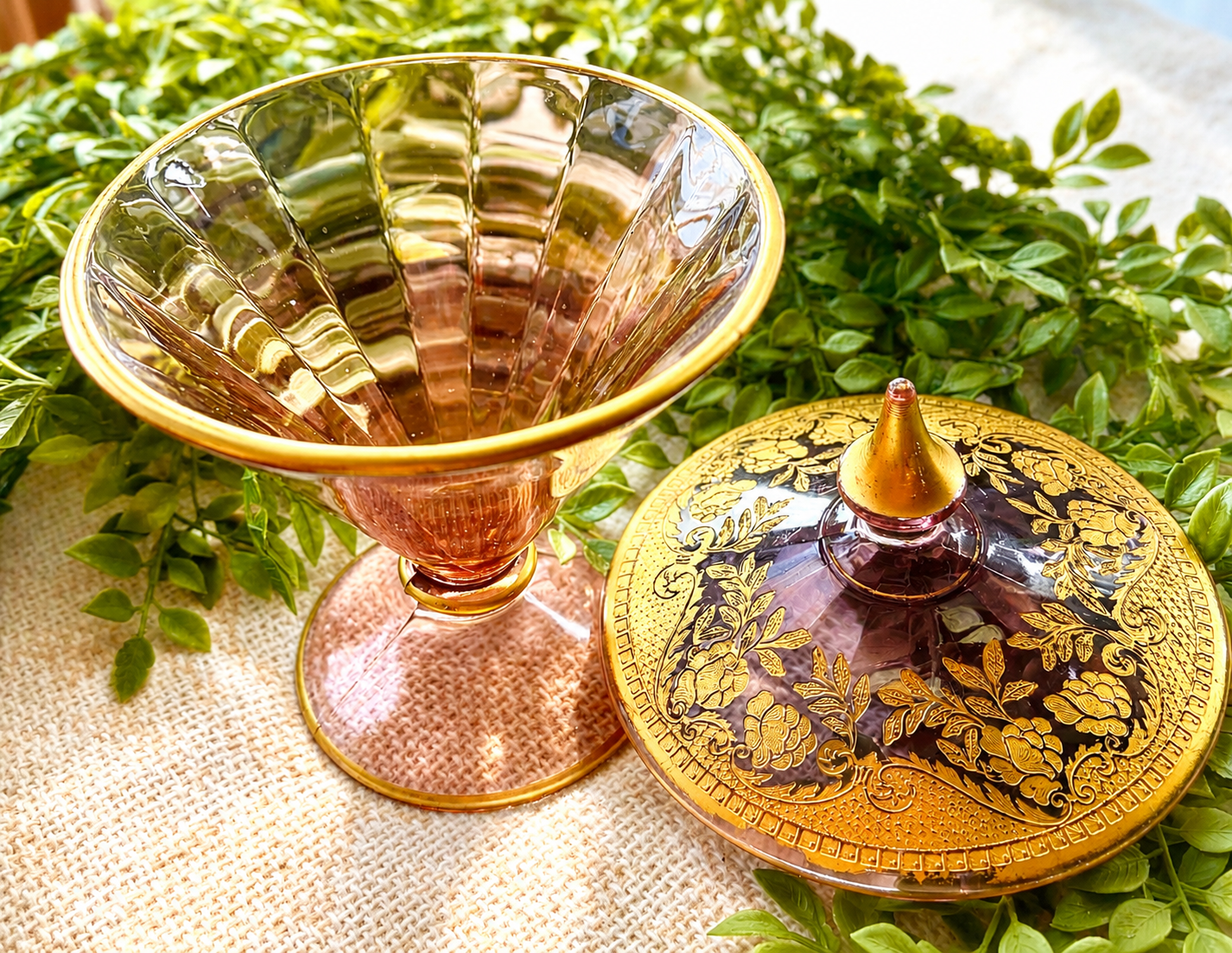 Vintage Pink Depression Glass Candy Dish with Lid | Gold Floral Pedestal Compote