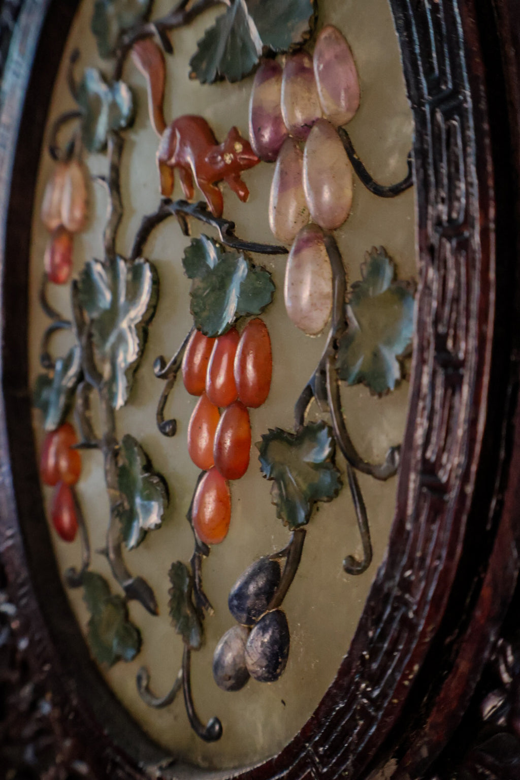 Vintage Chinese Carved Wood Table Screen | Fruit & Squirrel Hardstone-Style Relief
