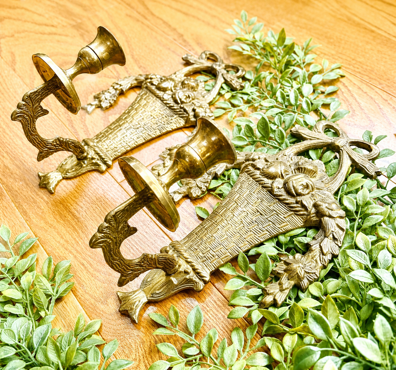 Vintage Pair of Brass Basket Wall Sconces