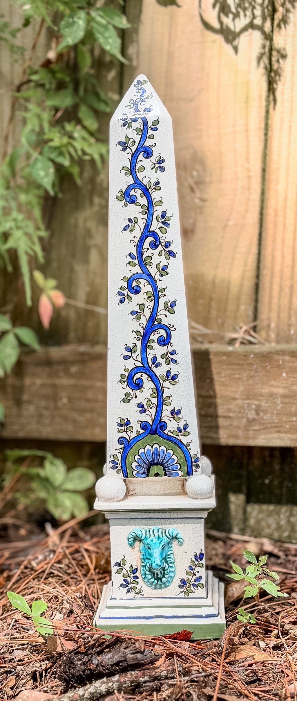 Vintage Italian Ceramic Obelisk – Hand-Painted Ram’s Head & Floral Motif