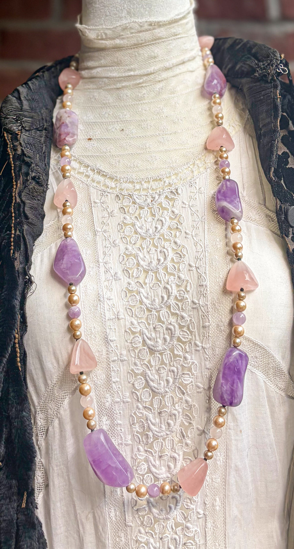 Vintage Carol DuPlaise Amethyst, Rose Quartz & Faux Pearl Long Necklace