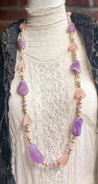 Vintage Carol DuPlaise Amethyst, Rose Quartz & Faux Pearl Long Necklace