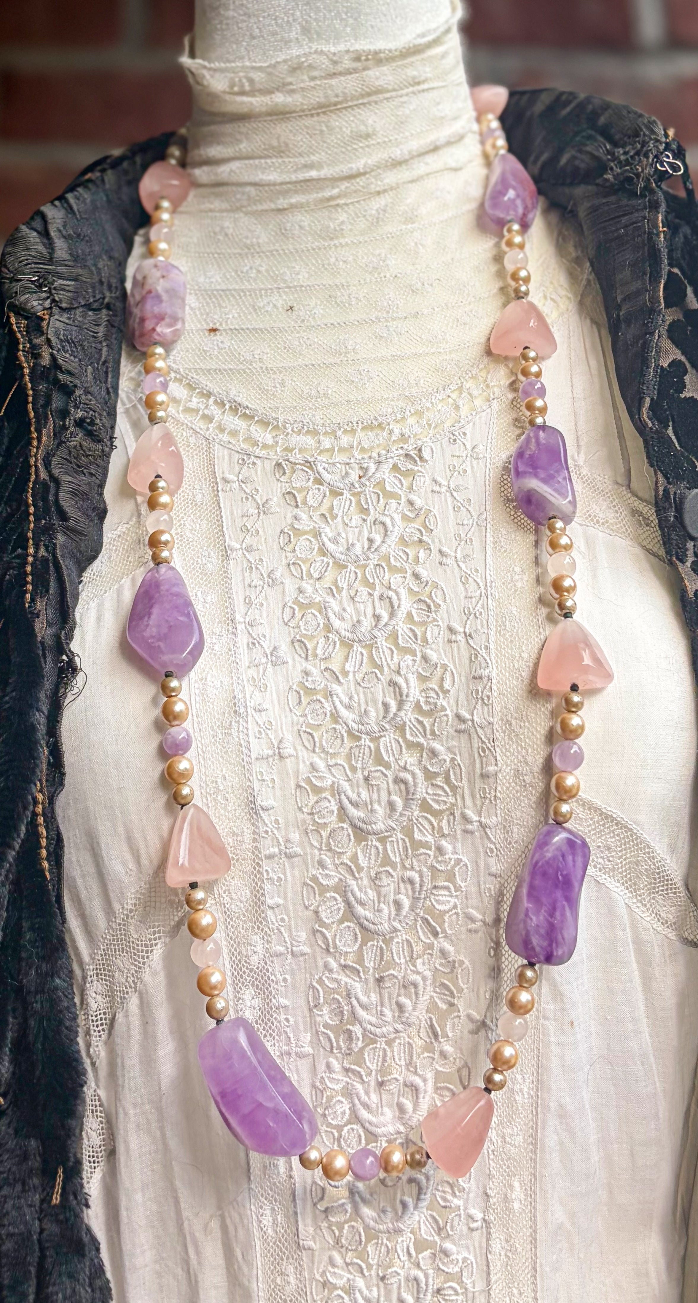 Vintage Carol DuPlaise Amethyst, Rose Quartz & Faux Pearl Long Necklace