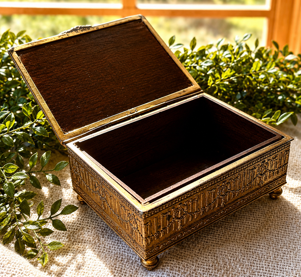 Antique Embossed Brass Jewelry Box | Victorian Revival Casket Box with Figural Pastoral Scene
