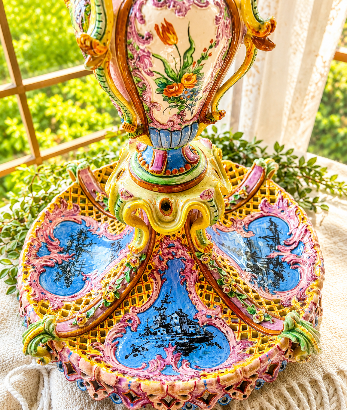 Antique Italian Maiolica Centerpiece Garniture Set by Agostinelli Dal Pra – Nove, Italy c.1880–1900