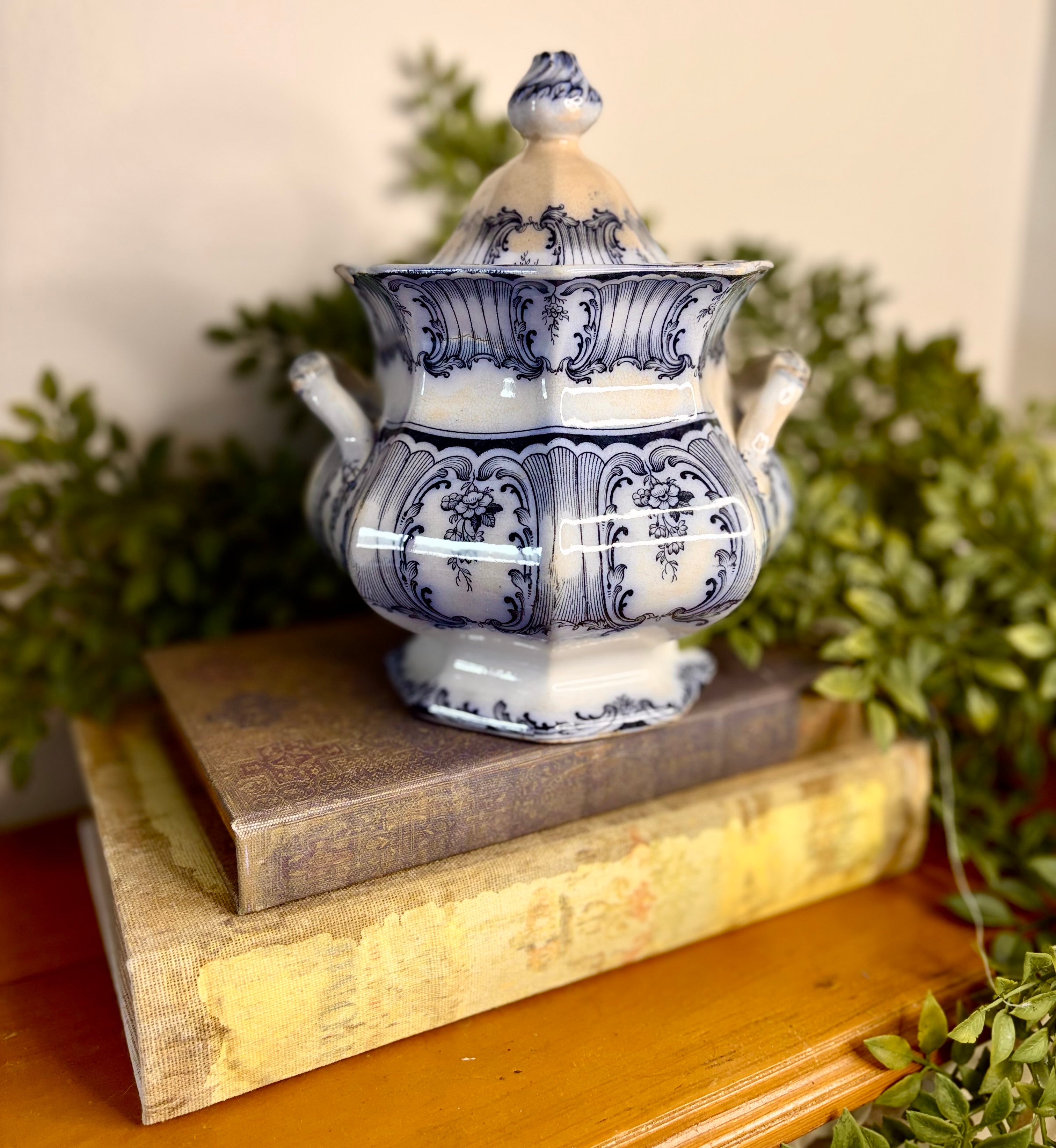 Antique English Blue & White Transferware Lidded Tureen