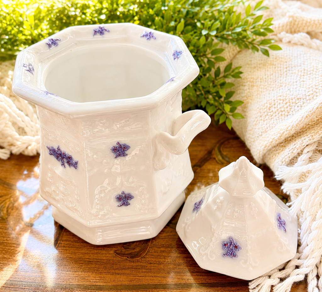 Antique White Biscuit Jar with Floral Relief | Victorian Lidded Canister