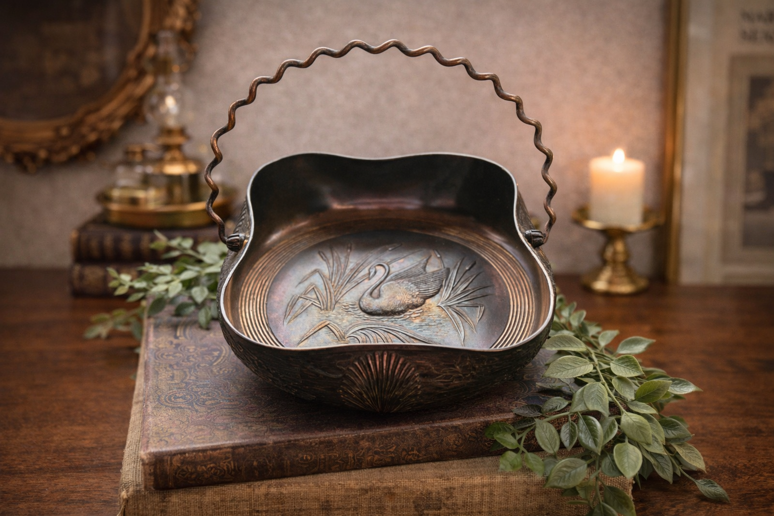 Antique Swan Repoussé Metal Basket with Handle