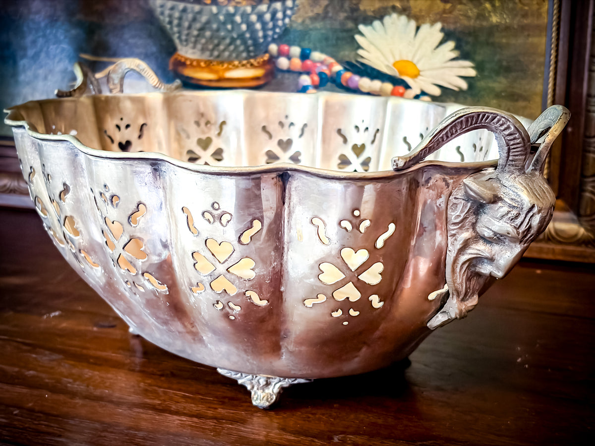 Vintage Silverplate Footed Centerpiece Bowl with Ram Head Handles