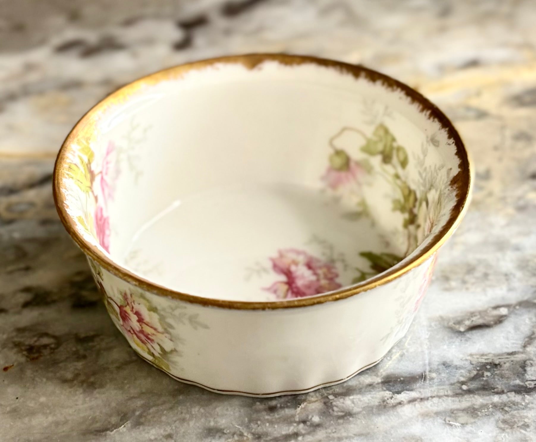 Antique French Limoges Elite Works Dessert Cups – Pink Rose Garland with Gilt Rim