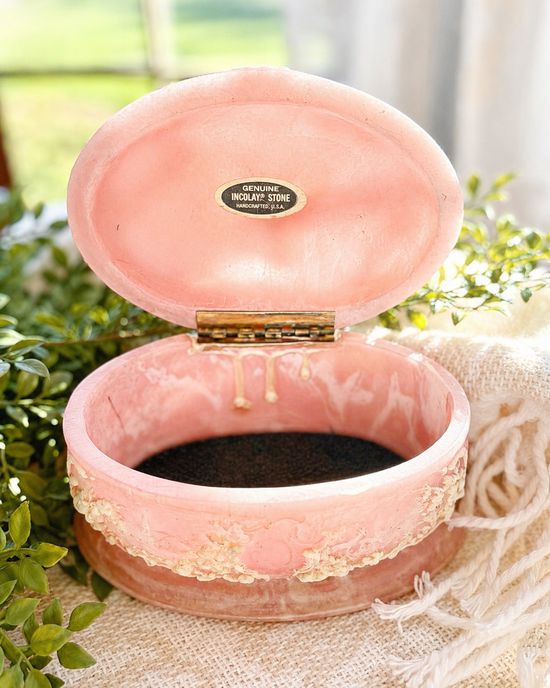 Vintage Pink Genuine Incolay Stone Jewelry Box