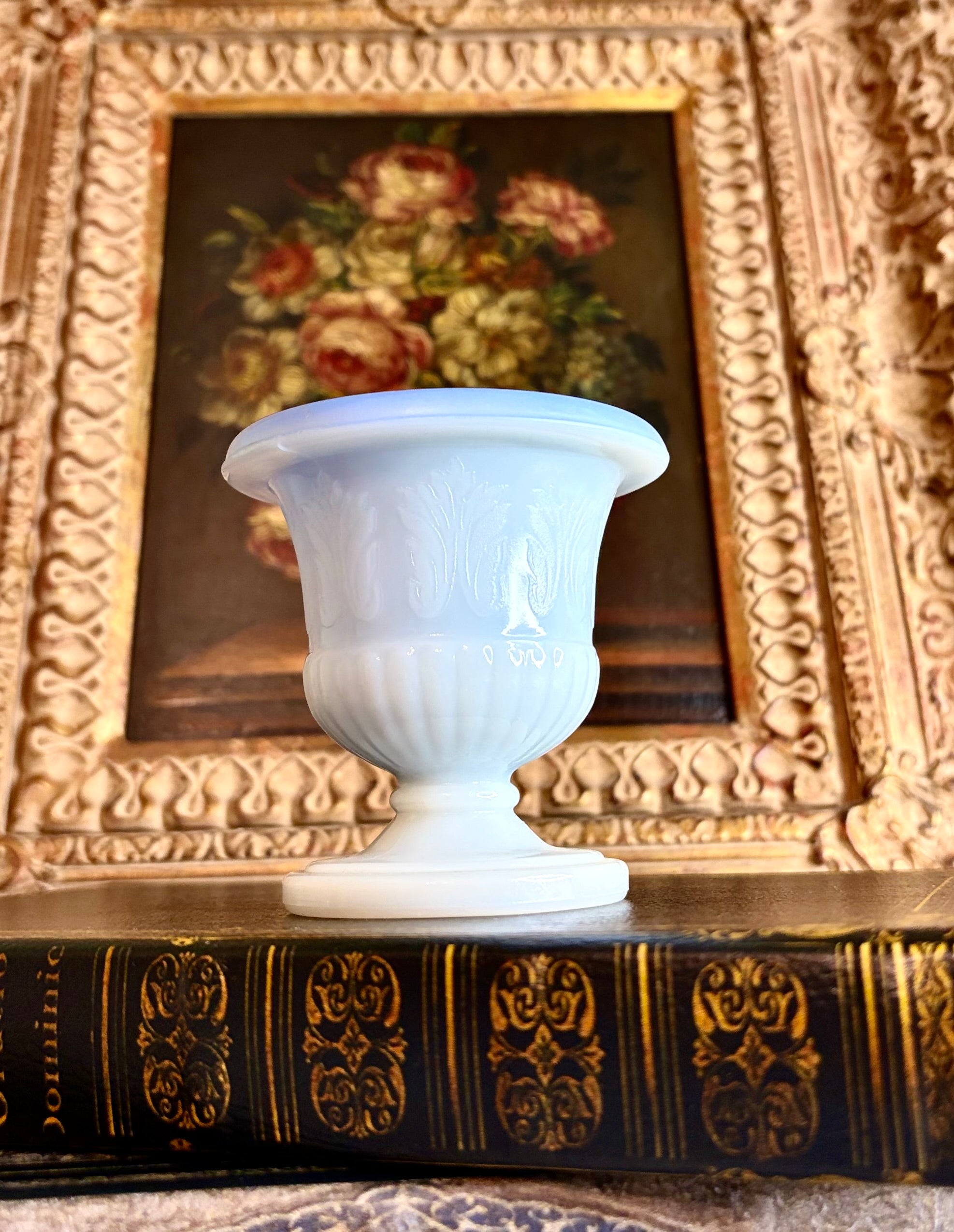 Vintage Blue & White Opaline Pedestal Urn Vase