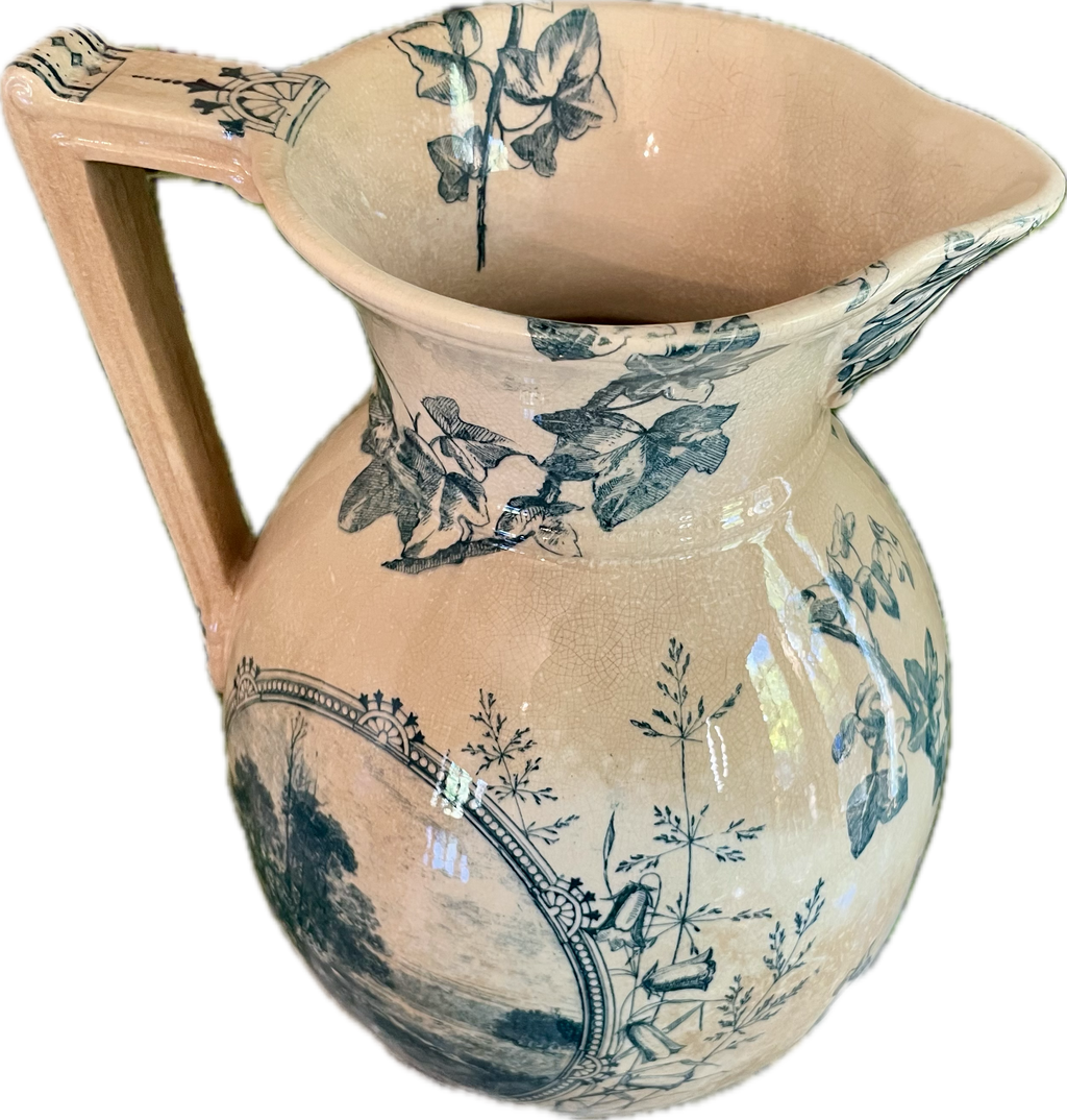 Antique Blue Transferware Pitcher with Ivy and Landscape Scene