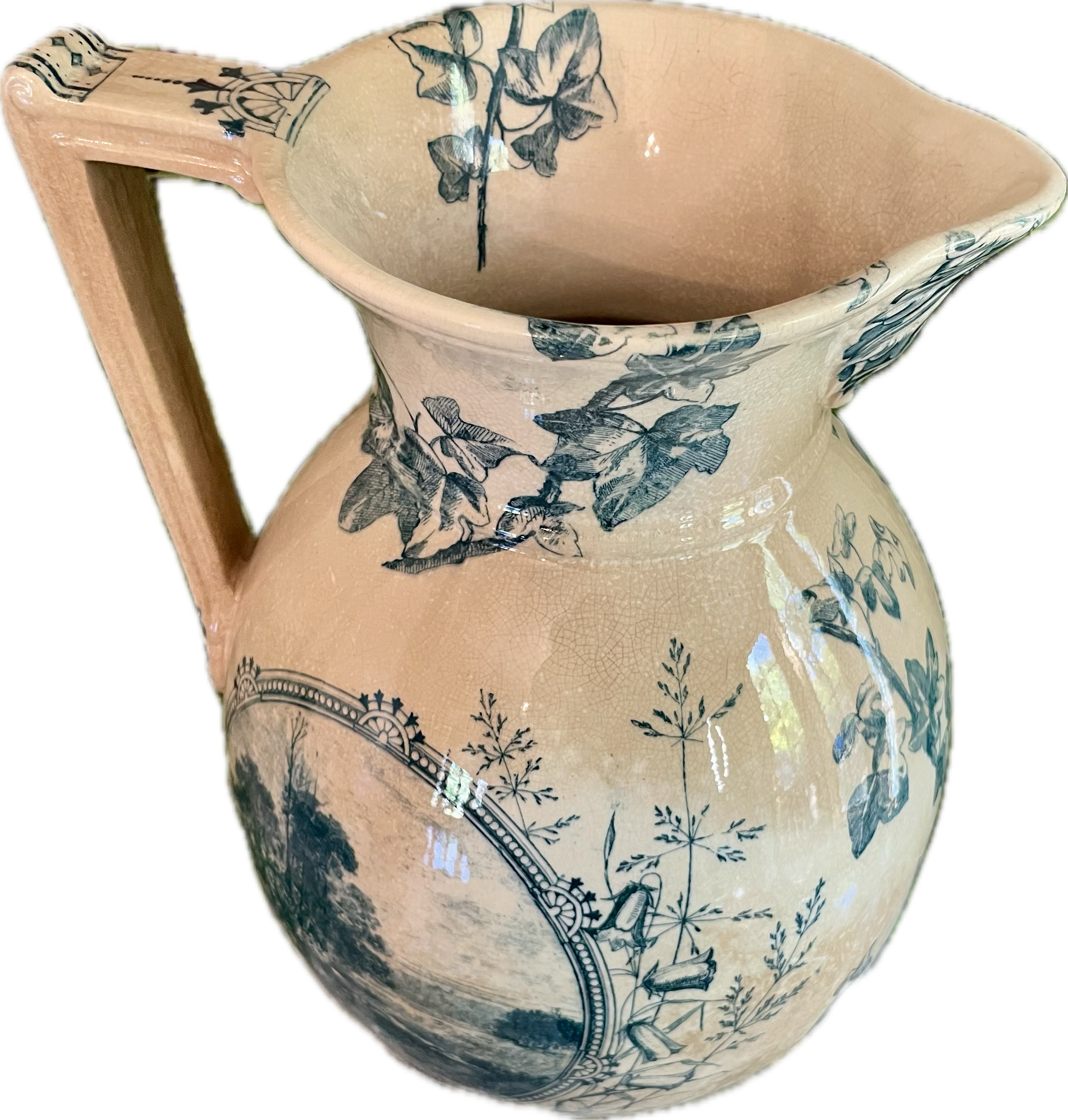 Antique Blue Transferware Pitcher with Ivy and Landscape Scene