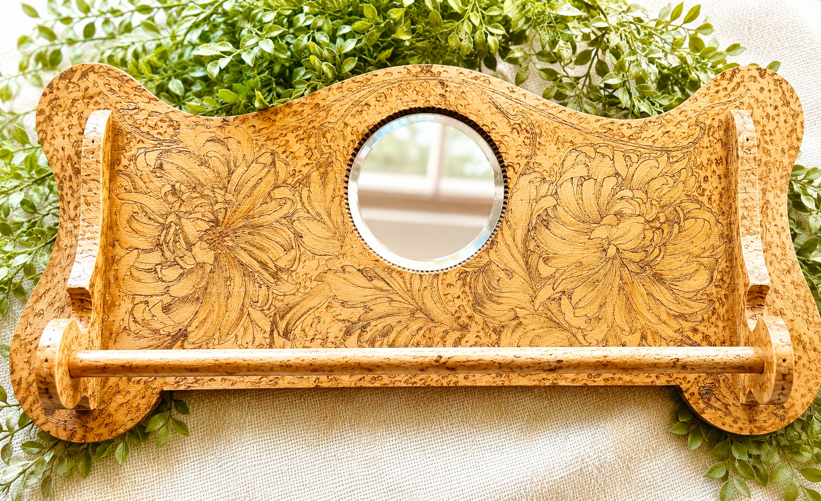 Antique Art Nouveau Style Wall Towel Rack with Mirror | Floral Pyrography Wood Wall Hanging