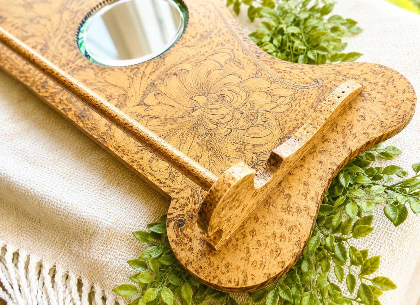 Antique Art Nouveau Style Wall Towel Rack with Mirror | Floral Pyrography Wood Wall Hanging