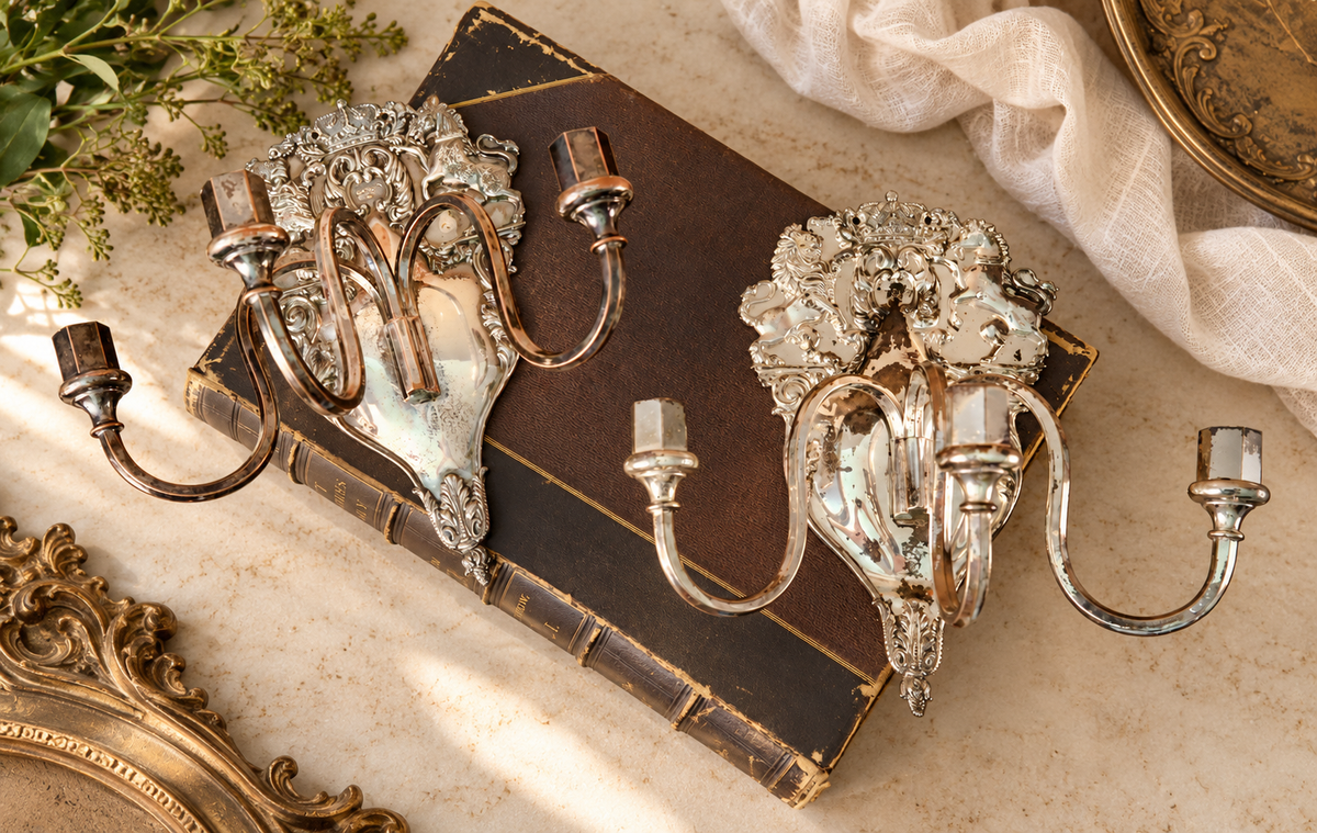 Antique English Hallmarked Royal Crest Crown Pair Sconces