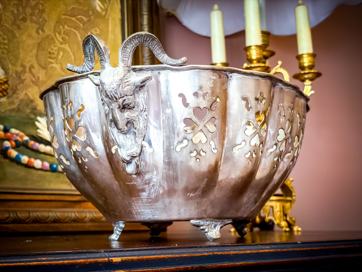 Vintage Silverplate Footed Centerpiece Bowl with Ram Head Handles
