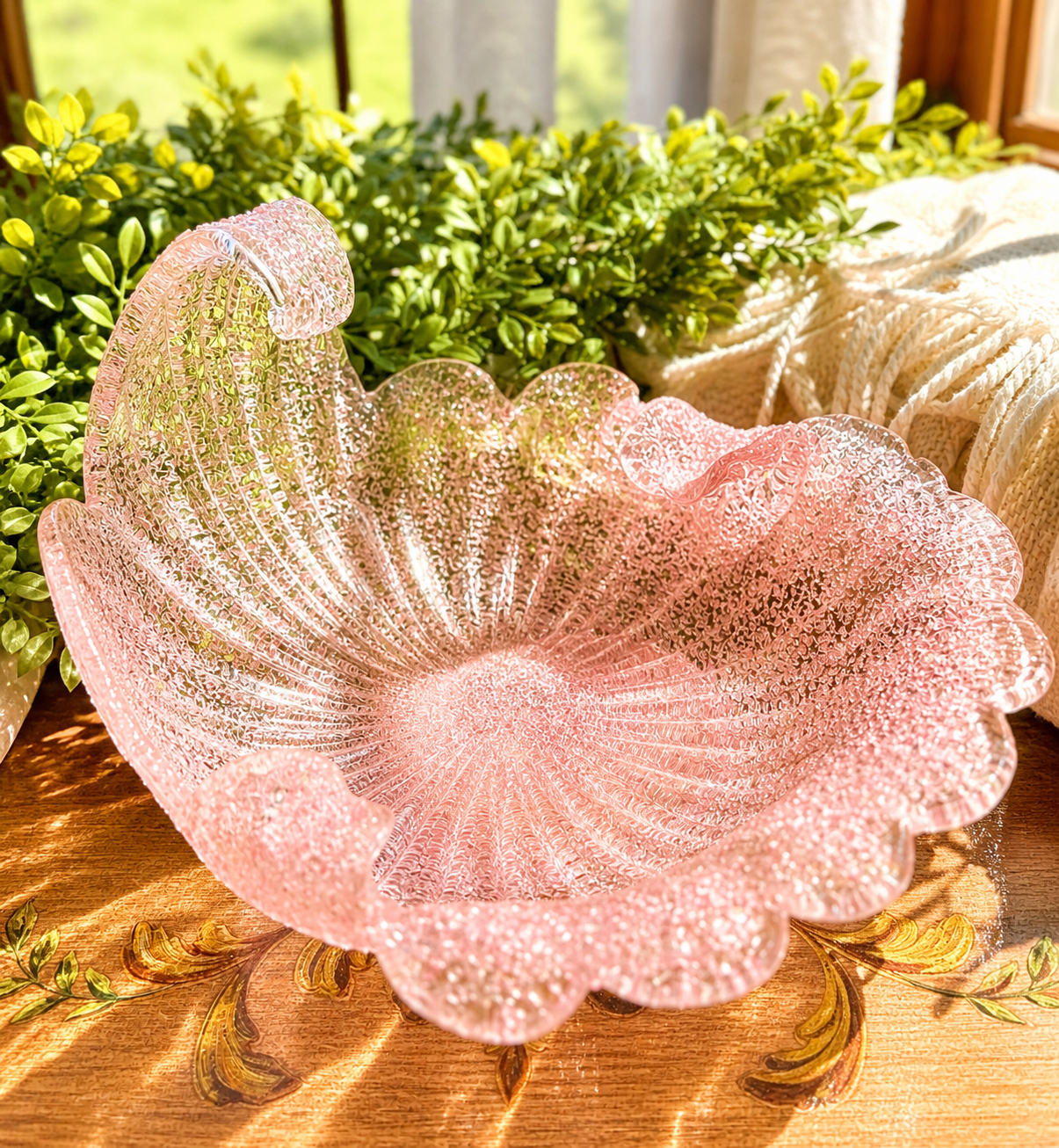 Vintage Pink Italian Murano Textured Glass Cornucopia Bowl