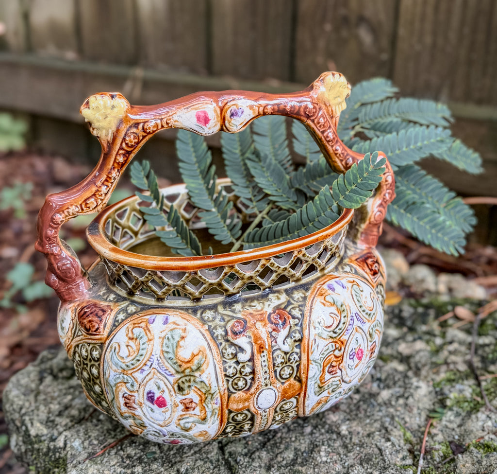 Antique English Alhambrian Majolica Reticulated Basket