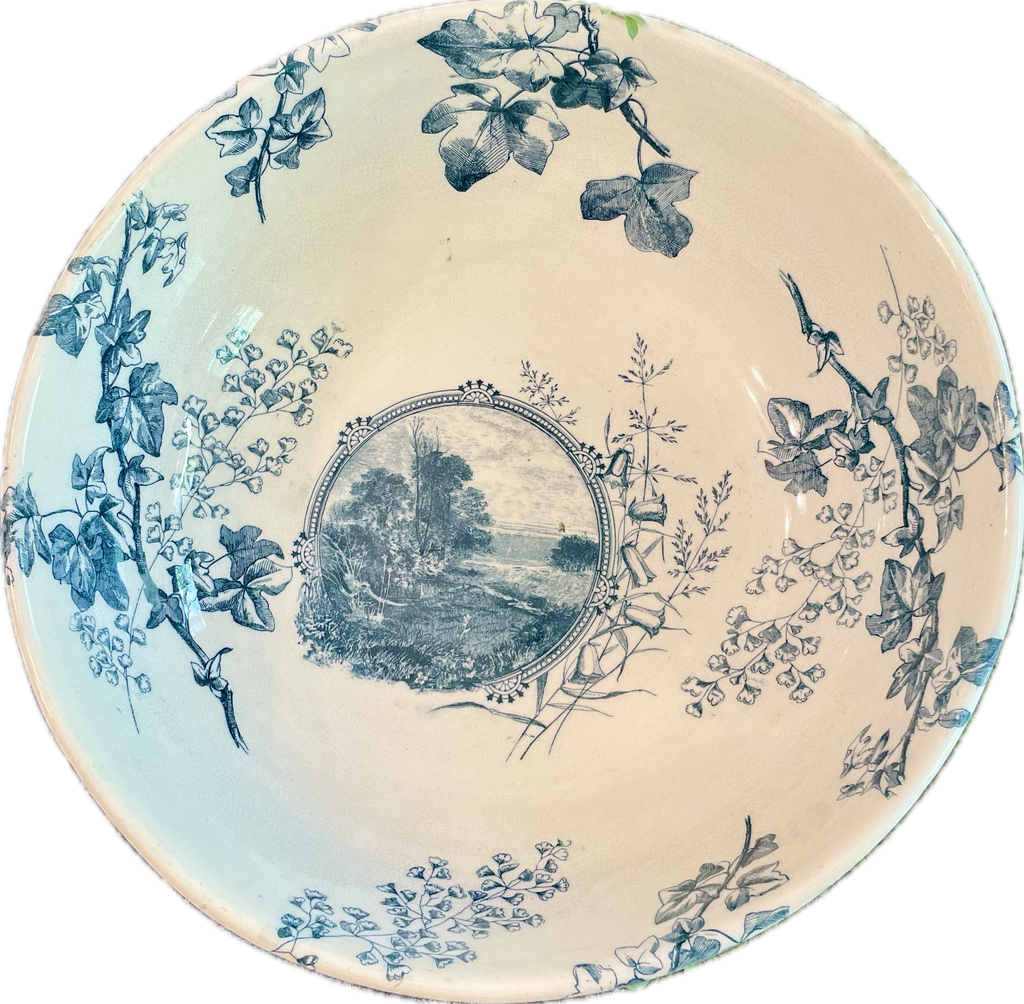 Antique Blue Transferware Wash Bowl with Ivy and Landscape Scene