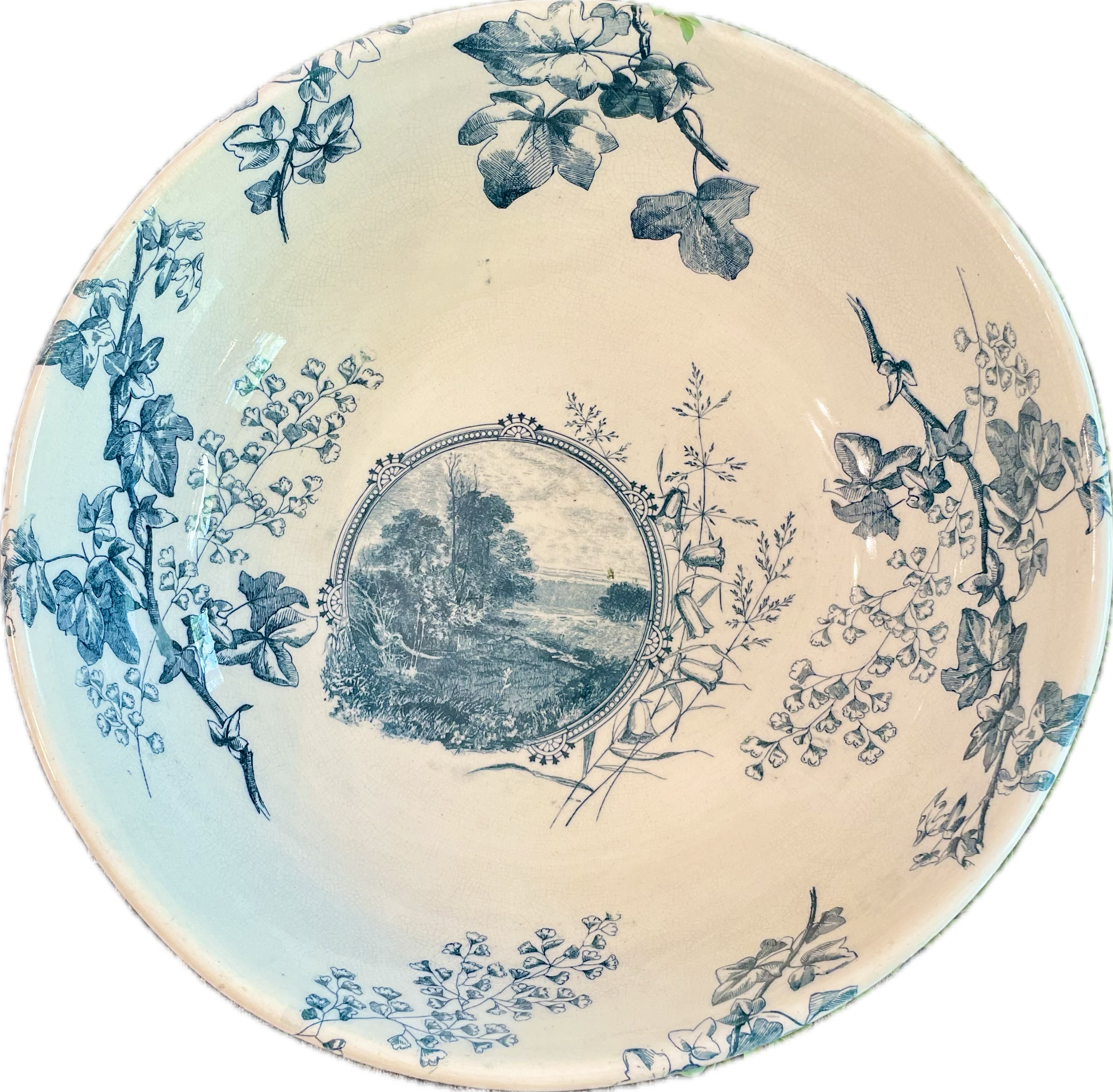 Antique Blue Transferware Wash Bowl with Ivy and Landscape Scene