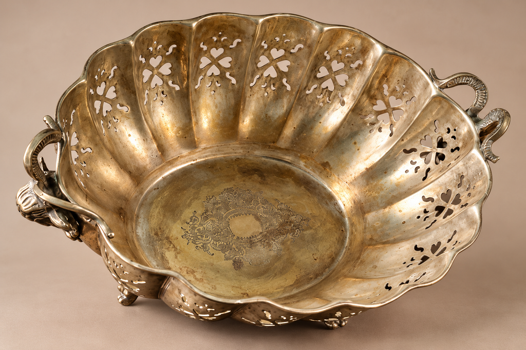Vintage Silverplate Footed Centerpiece Bowl with Ram Head Handles