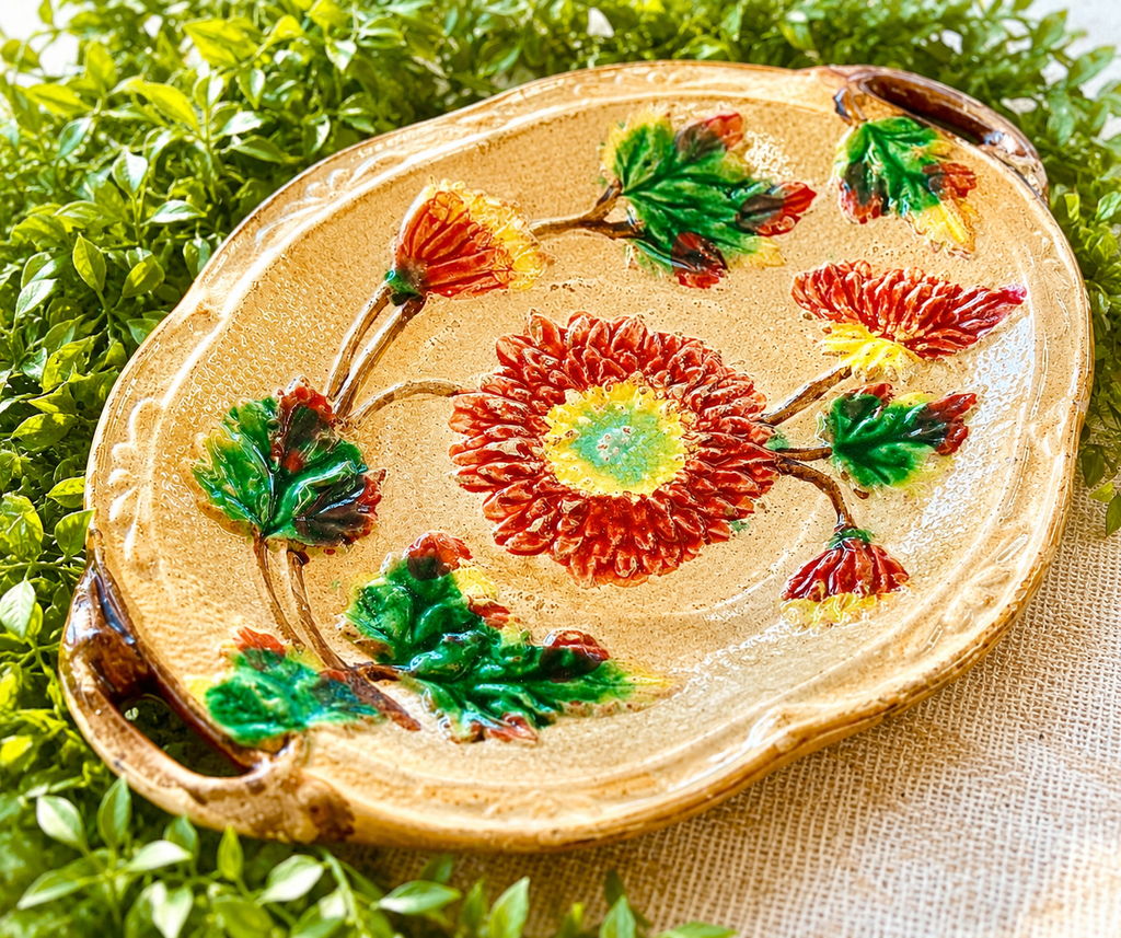 Antique Majolica Floral Serving Platter with Handles | Hand-Painted Chrysanthemum Oval Dish