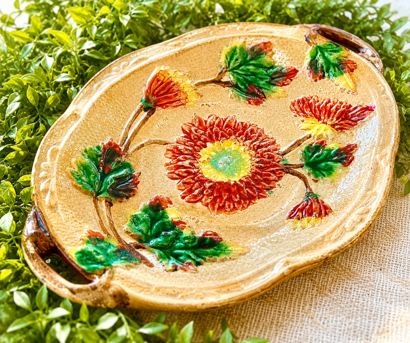 Antique Majolica Floral Serving Platter with Handles | Hand-Painted Chrysanthemum Oval Dish