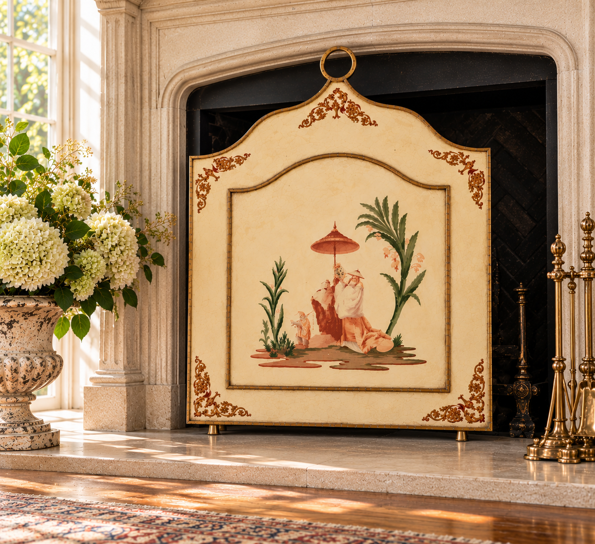 Vintage Italian Hand-Painted Chinoiserie Fireplace Screen with Gilt Detail