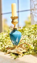 Vintage Cobalt Blue Porcelain & Ormolu Chamberstick Candlestick