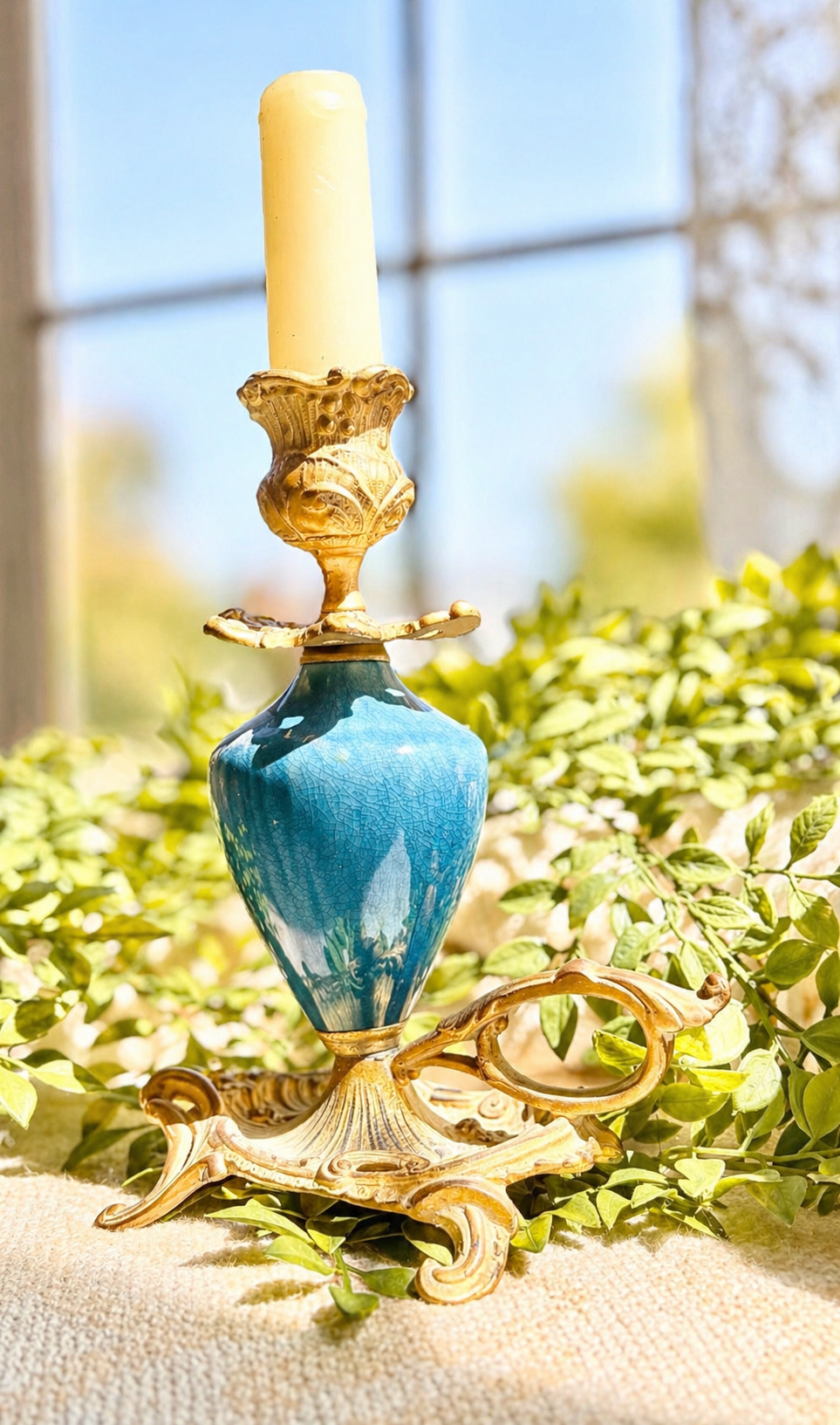 Vintage Cobalt Blue Porcelain & Ormolu Chamberstick Candlestick