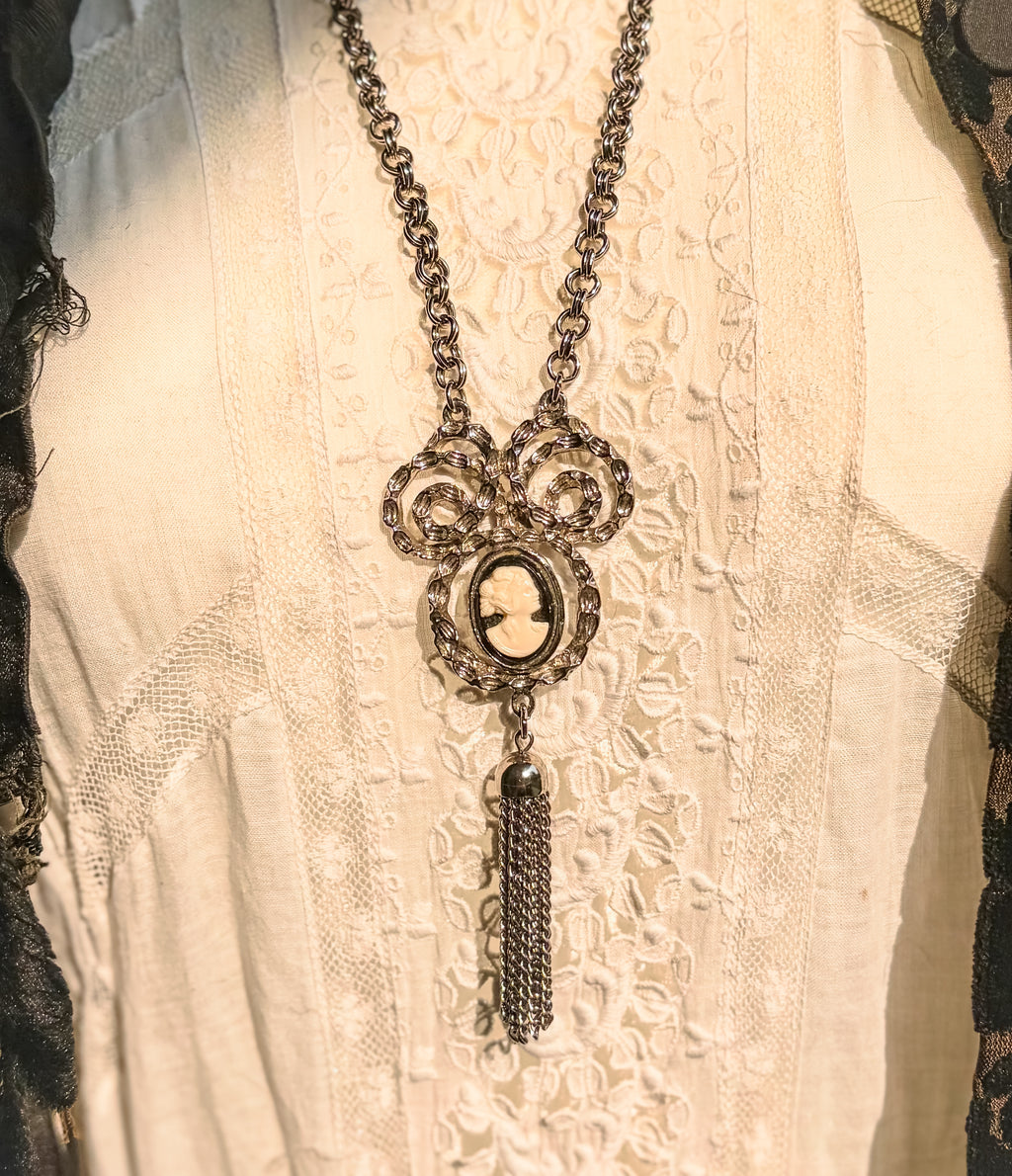 Vintage Silver-Tone Cameo Tassel Necklace