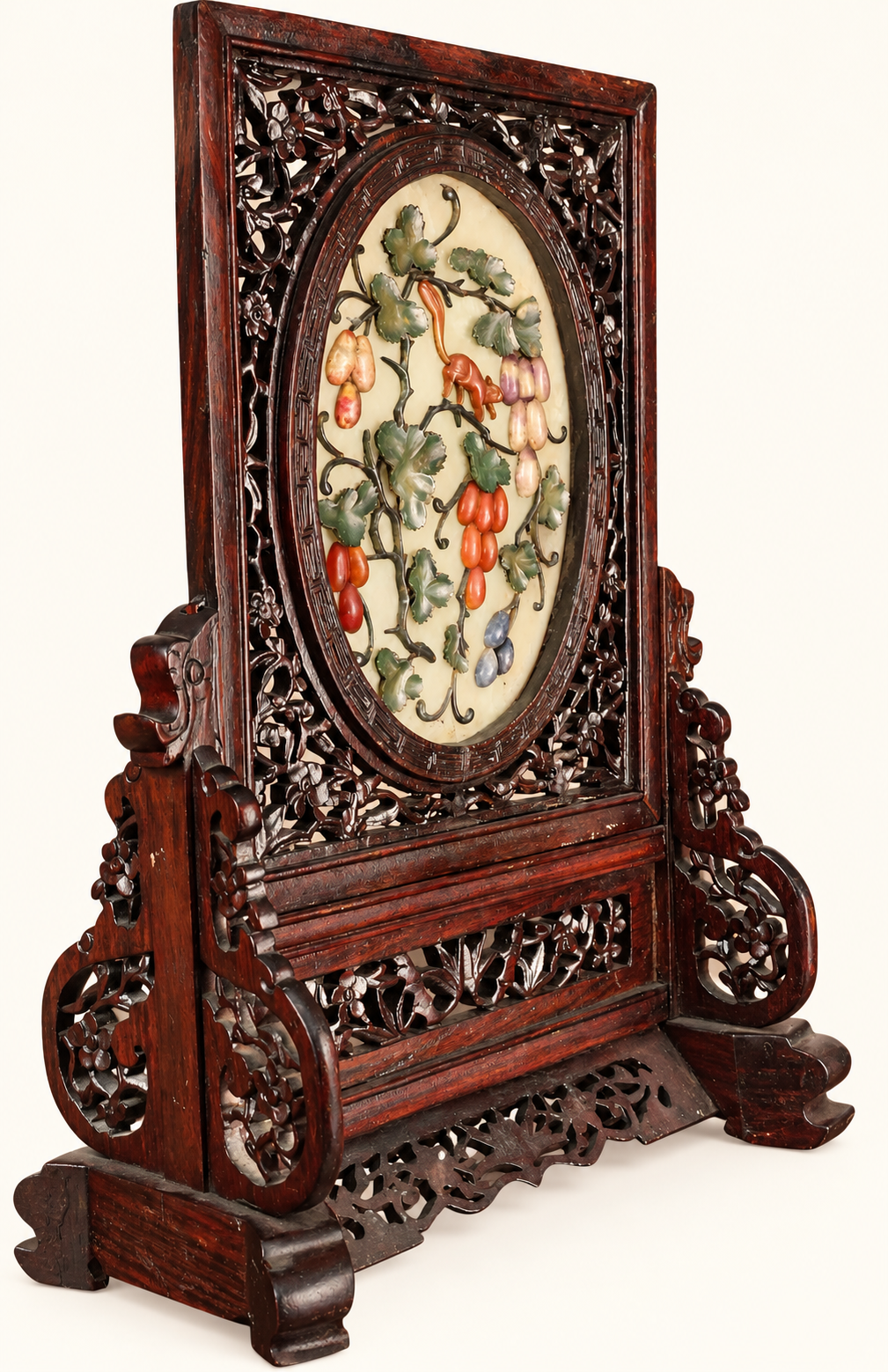 Vintage Chinese Carved Wood Table Screen | Fruit & Squirrel Hardstone-Style Relief