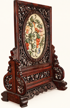 Vintage Chinese Carved Wood Table Screen | Fruit & Squirrel Hardstone-Style Relief