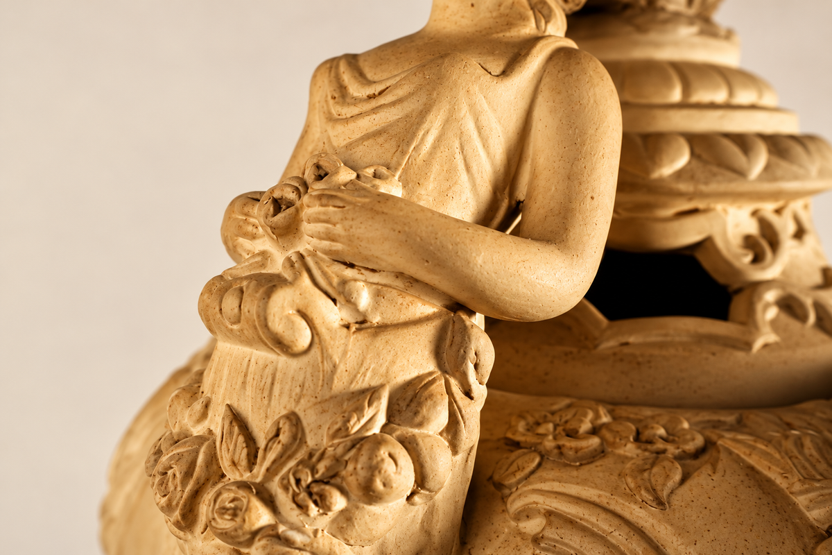 Late 19th–Early 20th Century French Clay Covered Urn with Figural Bust Handles
