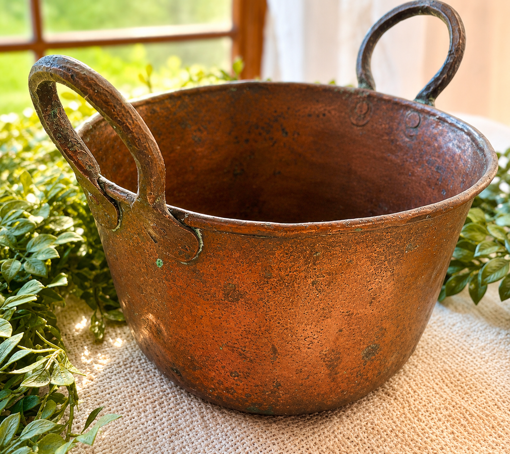 Antique Hand-Hammered Copper Pot with Riveted Handles | Primitive French Country Kitchen Décor