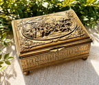 Antique Embossed Brass Jewelry Box | Victorian Revival Casket Box with Figural Pastoral Scene