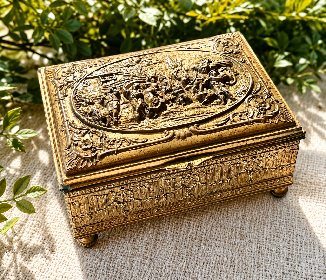 Antique Embossed Brass Jewelry Box | Victorian Revival Casket Box with Figural Pastoral Scene