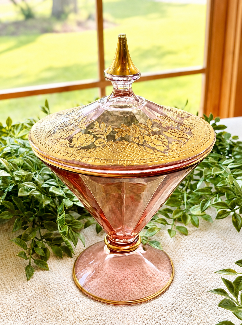 Vintage Pink Depression Glass Candy Dish with Lid | Gold Floral Pedestal Compote